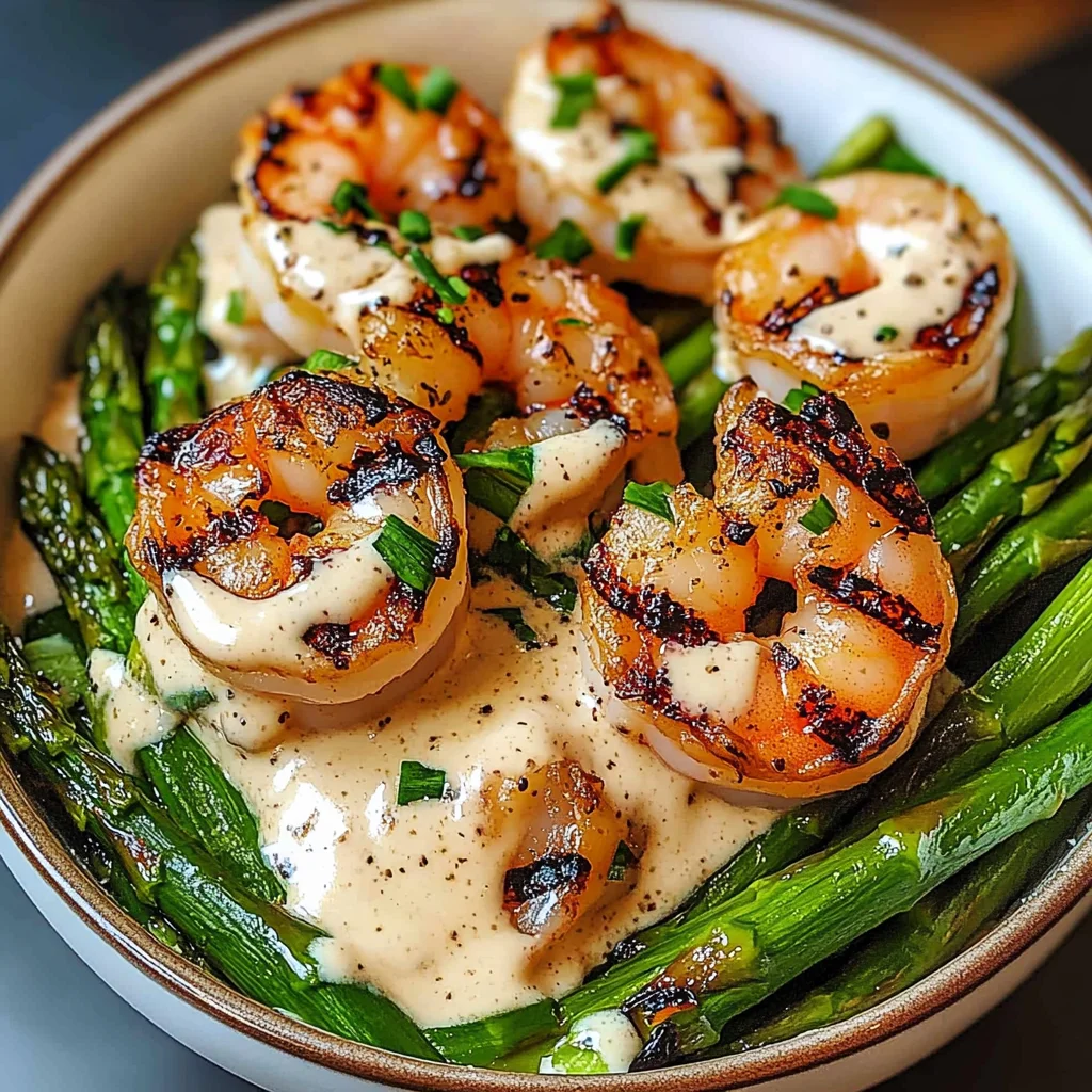 Grilled Shrimp Bowl with Asparagus & Creamy Garlic Sauce