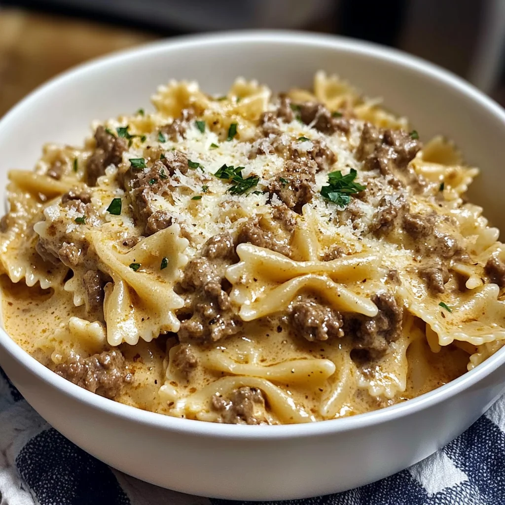 Creamy Parmesan Garlic Beef Bowtie Pasta
