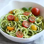 Raw Spiralized Zucchini Noodles with Tomatoes and Pesto