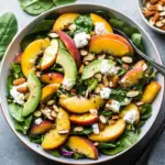 Summer Peach Spinach Salad with Avocado, Toasted Almonds + Goat Cheese