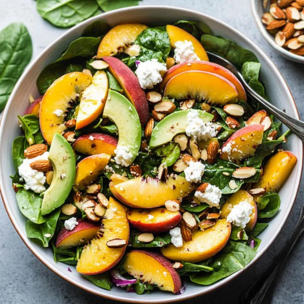 Summer Peach Spinach Salad with Avocado, Toasted Almonds + Goat Cheese