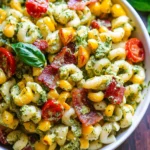Corn Pasta Salad with Turkey Bacon and Creamy Pesto Dressing