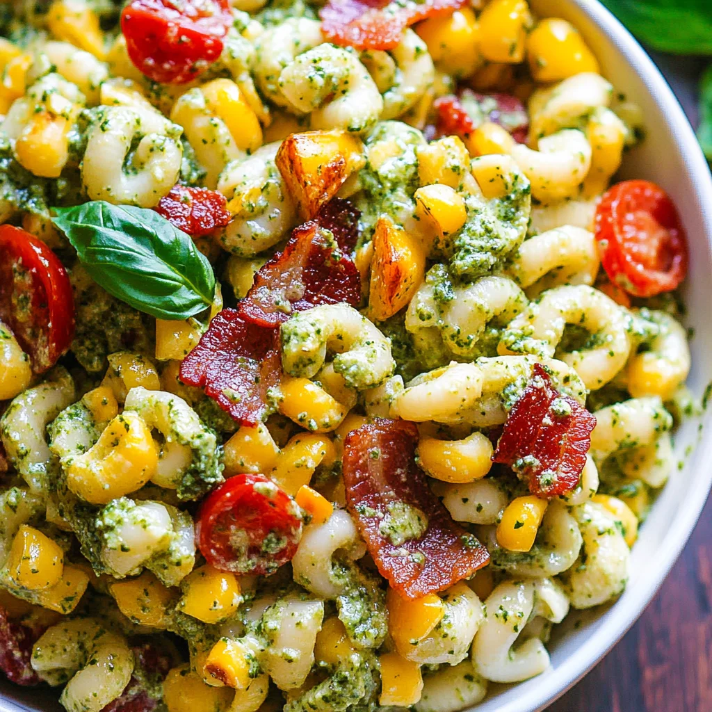 Corn Pasta Salad with Turkey Bacon and Creamy Pesto Dressing