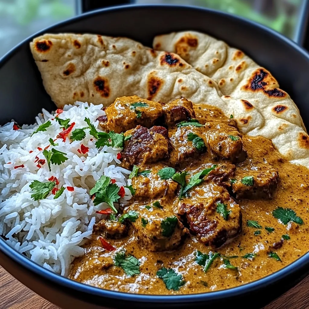 Coconut-Curry Braised Beef with Jasmine Rice & Garlic Naan