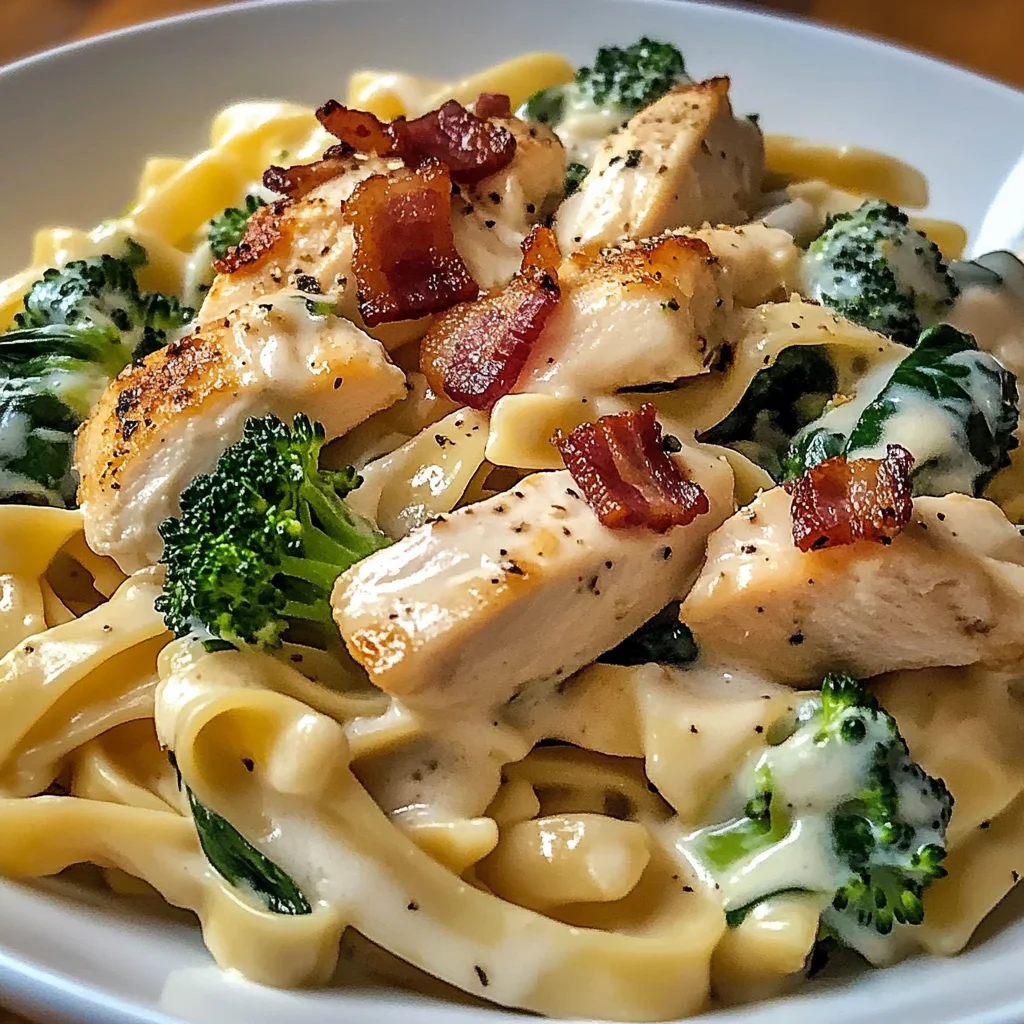 Creamy Chicken Bacon Fettuccine Alfredo with Spinach & Broccoli