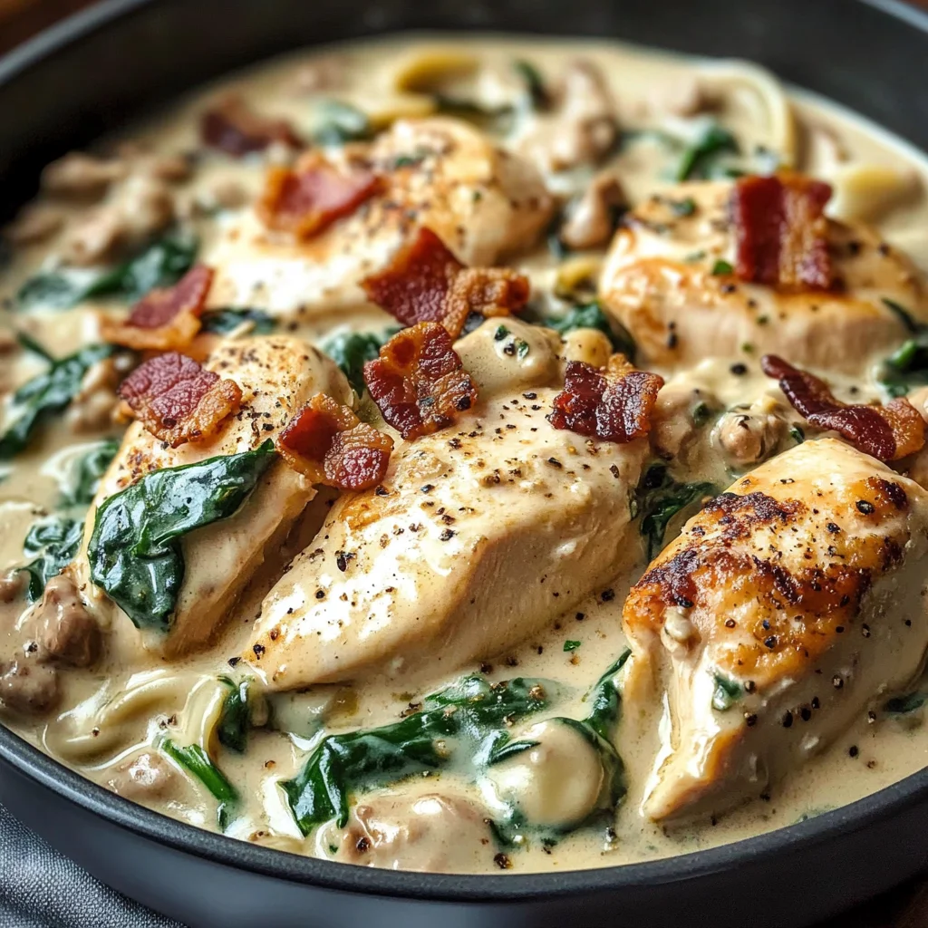 Creamy Chicken Stroganoff with Spinach and Crispy Bacon