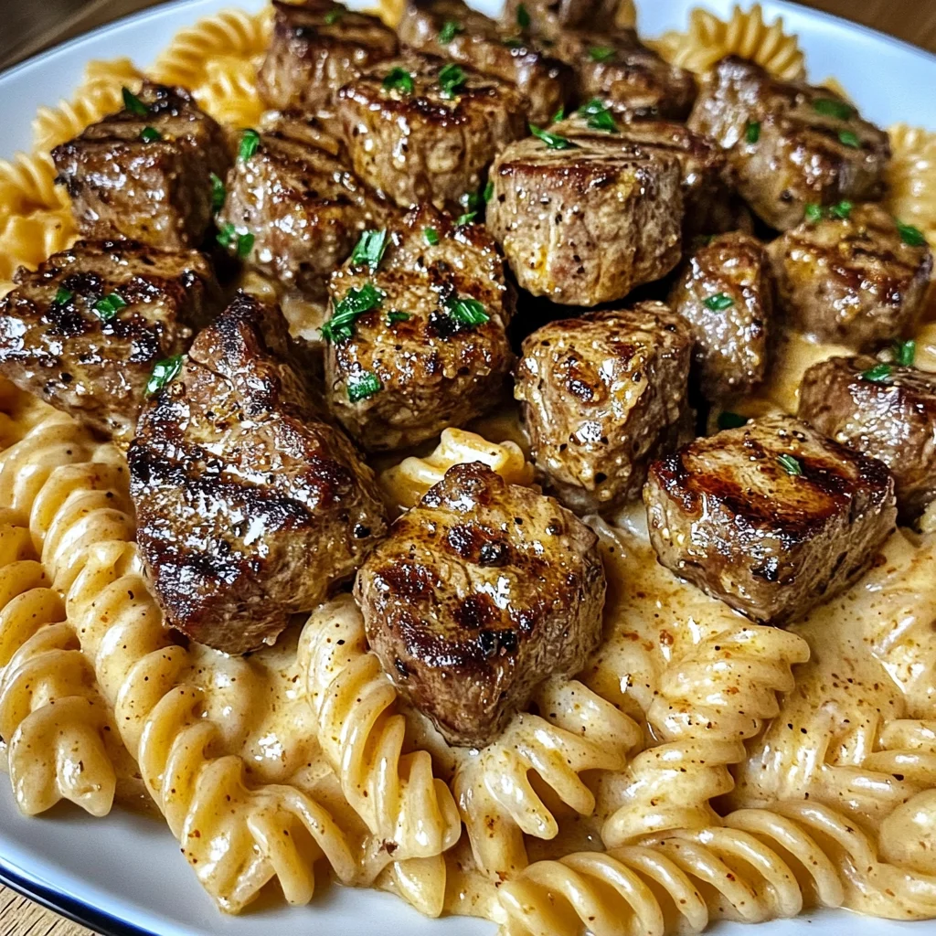 Creamy Garlic Butter Steak Bites with Spicy Cajun Alfredo Twisted Pasta