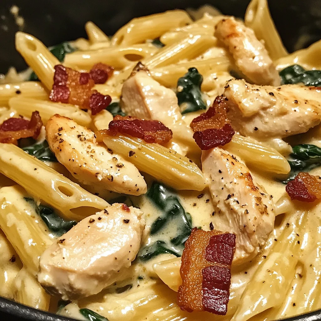 Creamy Garlic Chicken Bacon Penne with Spinach
