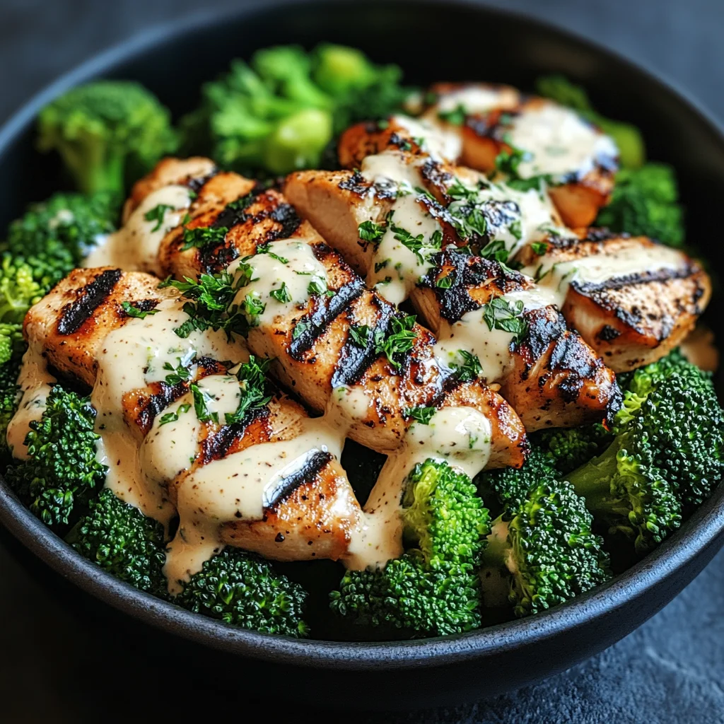 Grilled Chicken & Broccoli Bowls with Creamy Garlic Sauce