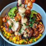 Grilled Shrimp Bowl with Avocado, Corn Salsa & Creamy Sauce
