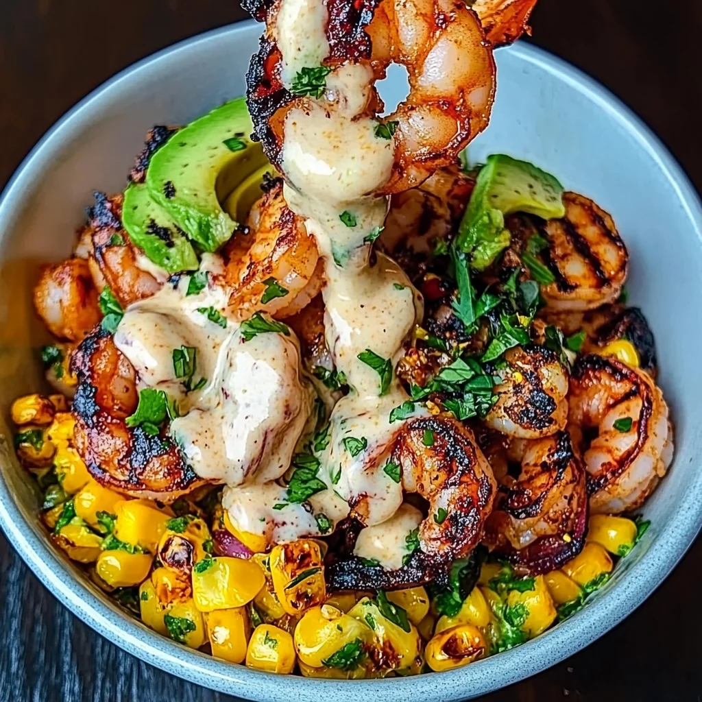 Grilled Shrimp Bowl with Avocado, Corn Salsa & Creamy Sauce