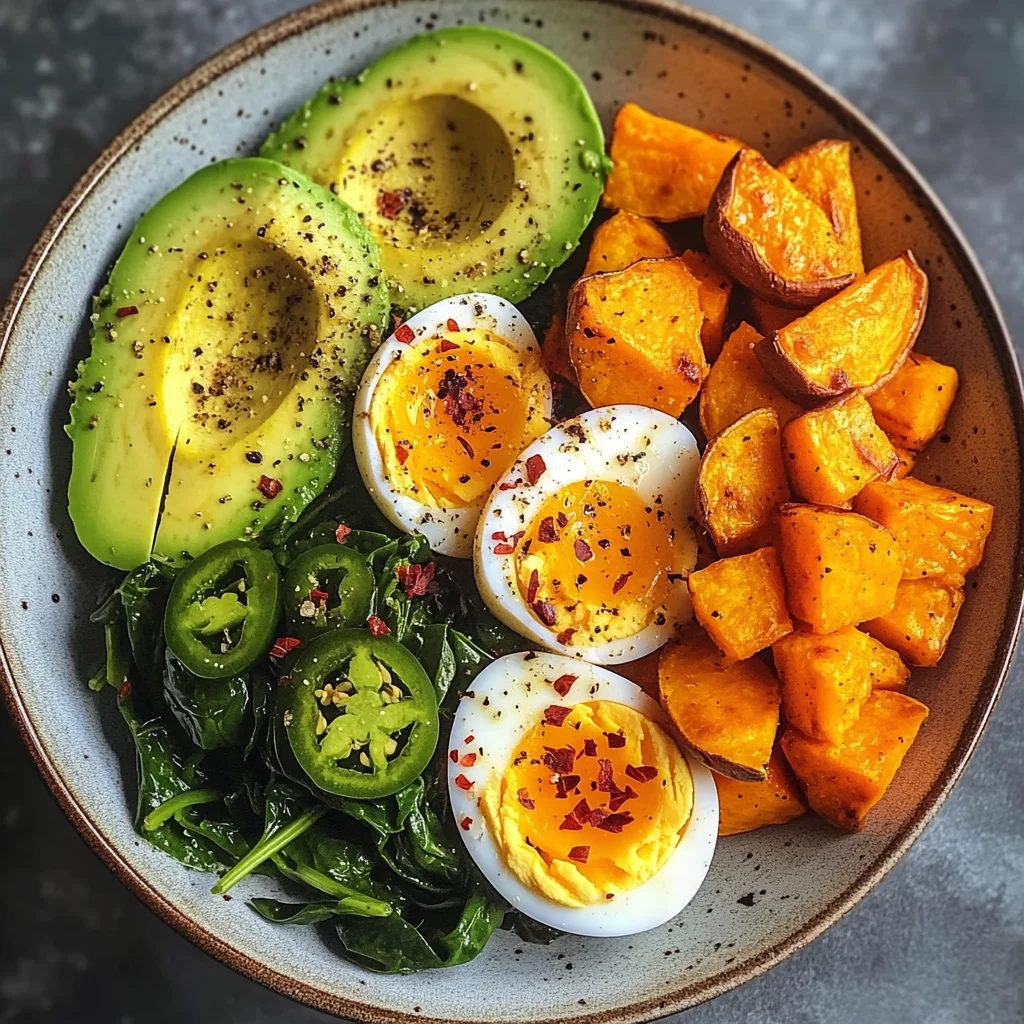 Avocado Power Plate with Jammy Eggs, Spinach & Sweet Potatoes