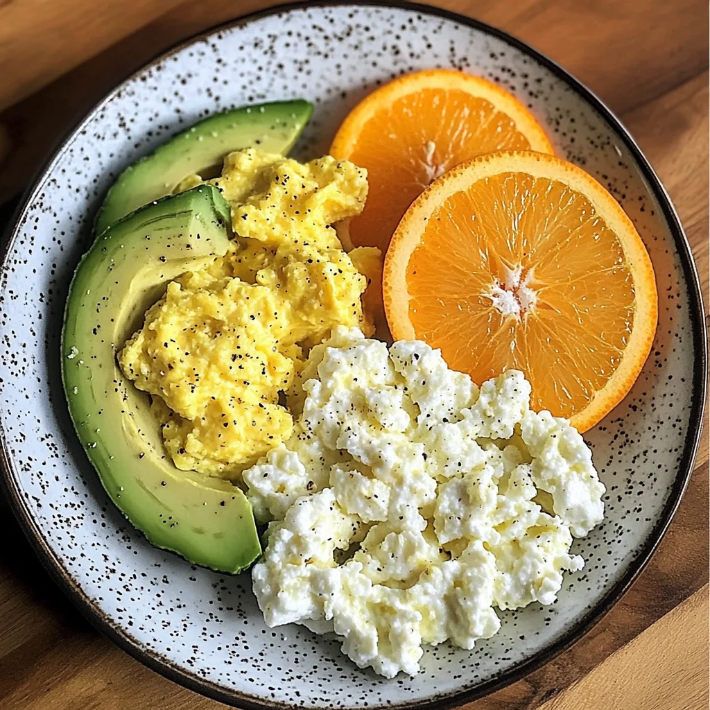 Avocado, Scrambled Eggs & Cottage Cheese Plate with Fresh Orange