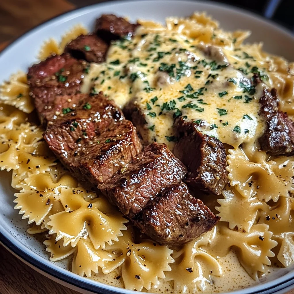 Beef and Bowtie Pasta in Cheddar Sauce