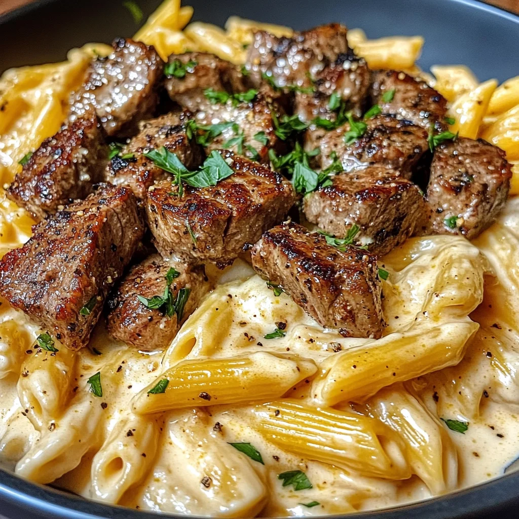 Cajun Steak Tips with Penne in Creamy Parmesan Cheese Sauce