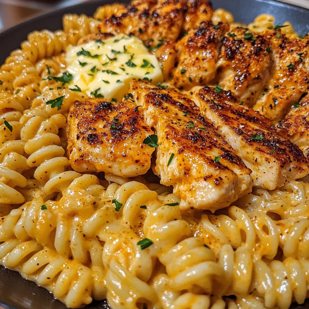 Garlic Parmesan Chicken Twisted Pasta in Spicy Three-Cheese Cajun Sauce