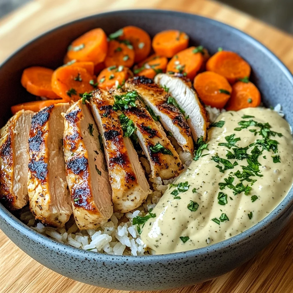 Grilled Chicken Bowl with Herbed Rice, Glazed Carrots & Creamy Sauce