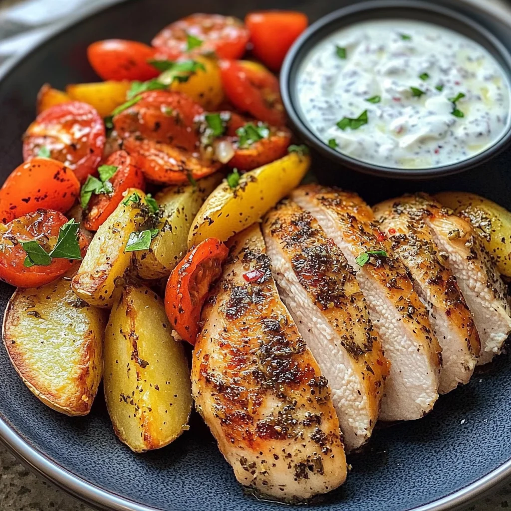Herb Chicken with Roasted Potatoes, Tomato Salad & Yogurt Dip