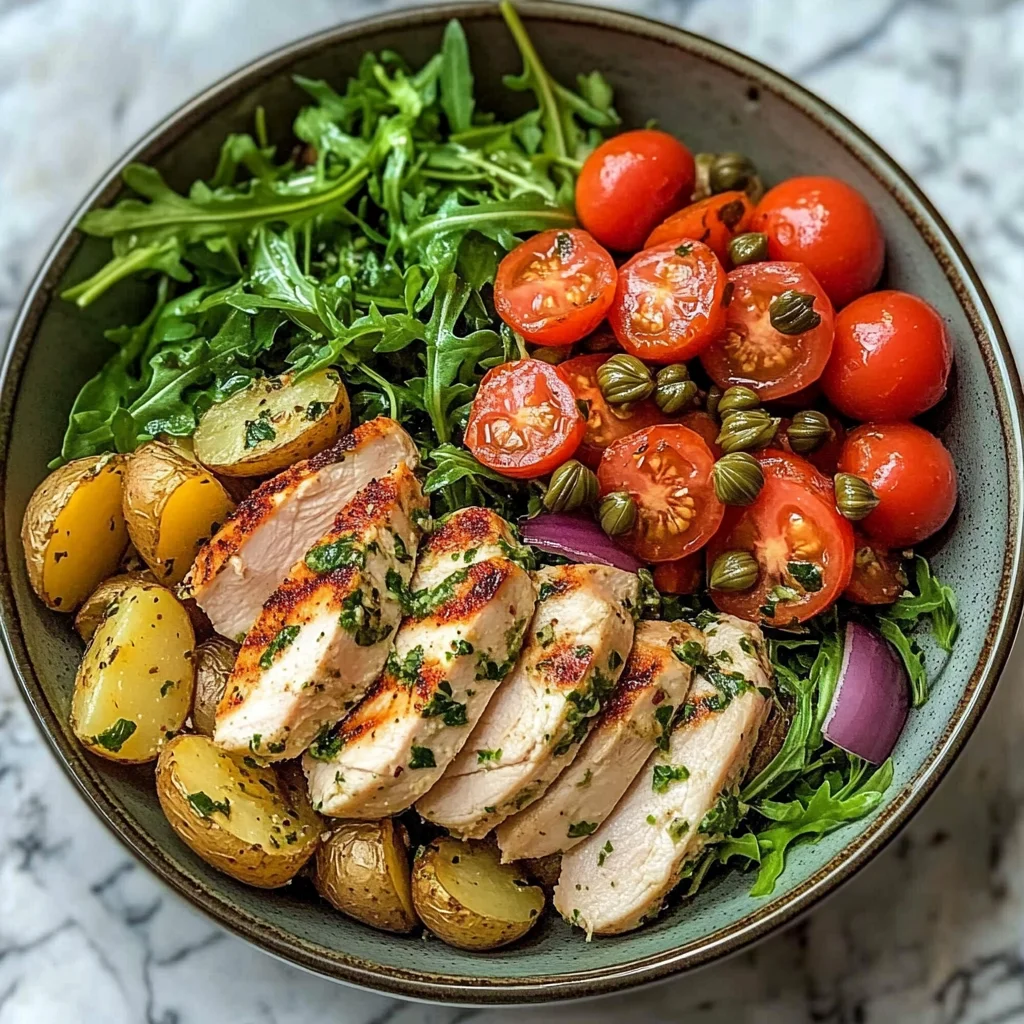 Herbed Chicken Bowl with Crispy Potatoes & Tomato Caper Salad