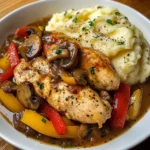 Pan-Seared Chicken with Pepper & Mushroom Gravy and Creamy Mashed Potatoes
