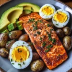 Spiced Salmon with Garlic Herb Potatoes, Avocado & Soft-Boiled Eggs
