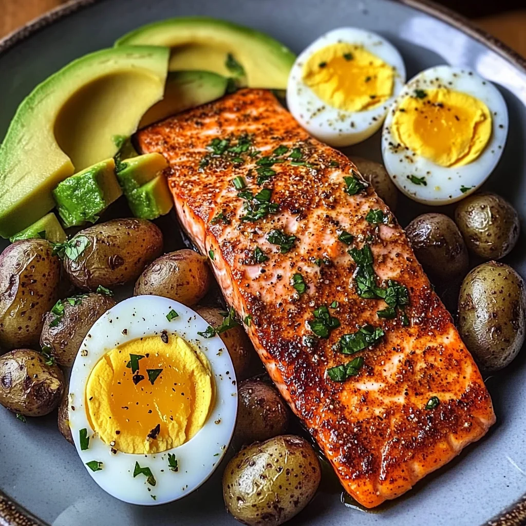 Spiced Salmon with Garlic Herb Potatoes, Avocado & Soft-Boiled Eggs