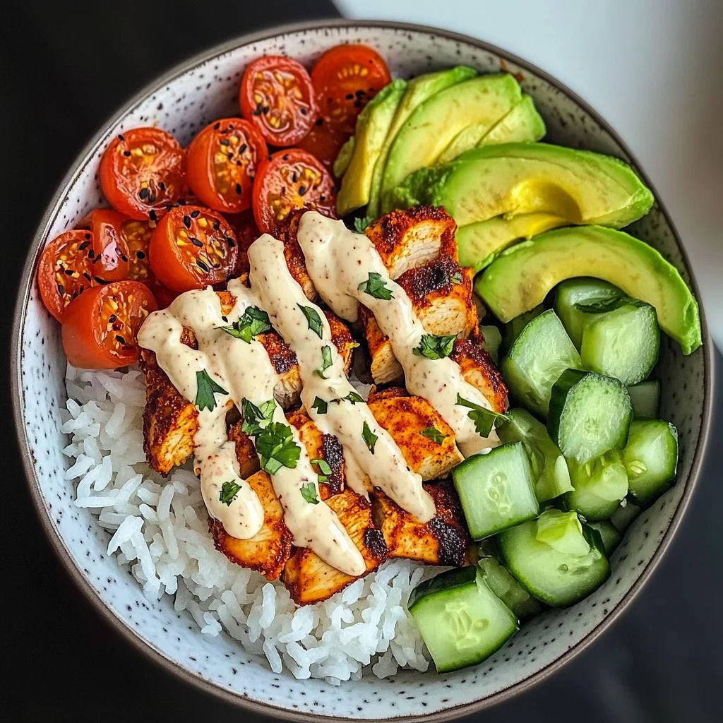 Spicy Chicken Rice Bowl with Avocado & Cucumber Salad