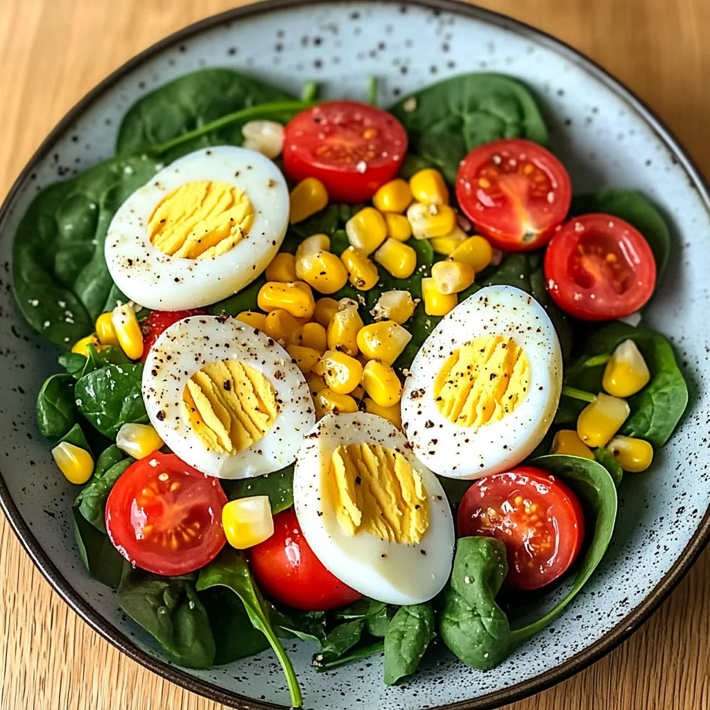 Spinach Salad with Soft-Boiled Eggs, Cherry Tomatoes, Corn & Creamy Dressing
