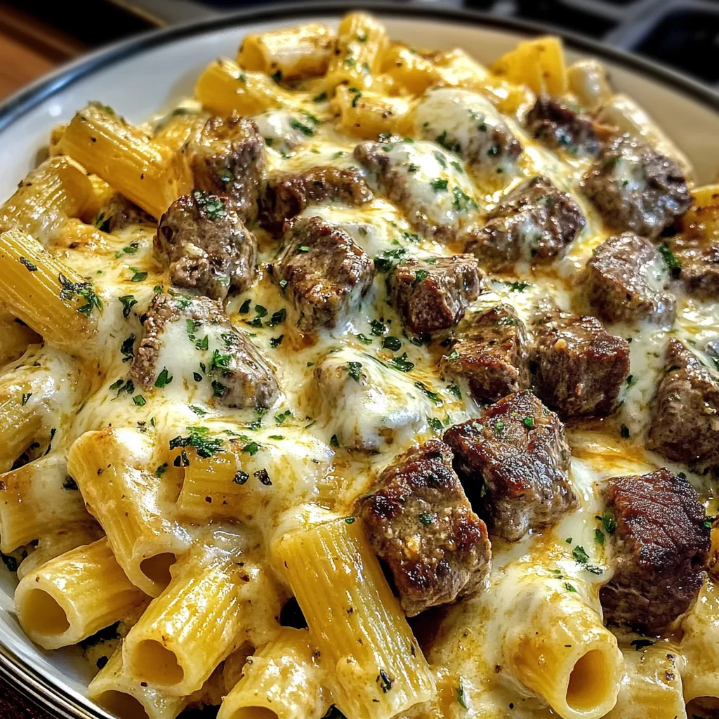 Cheesy Beef Rigatoni in Garlic Cream Sauce