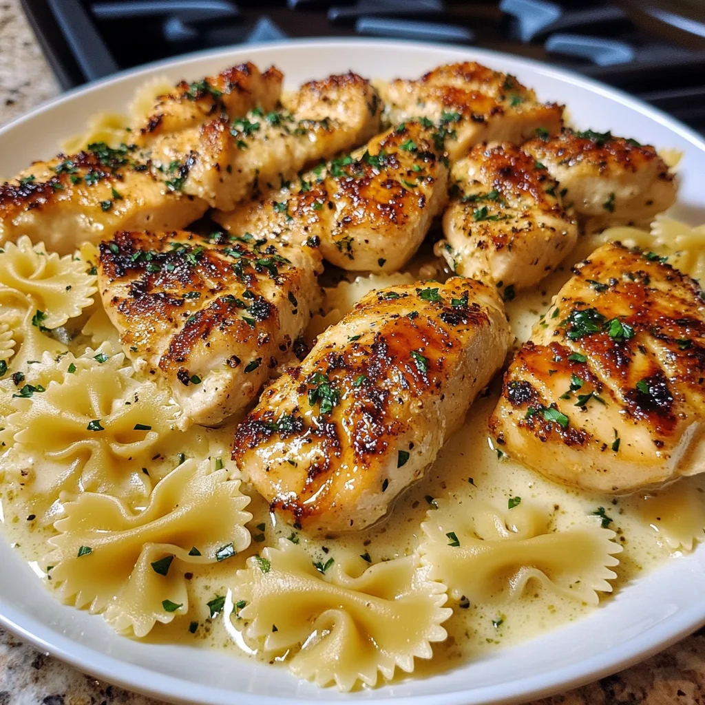 Cheesy Garlic Butter Chicken with Bowtie Pasta and Creamy Sauce