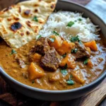 Coconut Beef Curry with Fragrant Basmati Rice and Naan