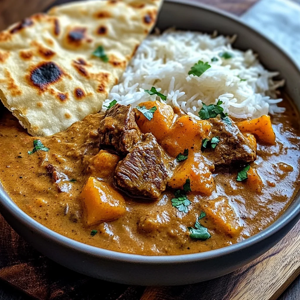 Coconut Beef Curry with Fragrant Basmati Rice and Naan