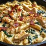 Creamy Chicken Pasta with Spinach, Bacon, and Cheese