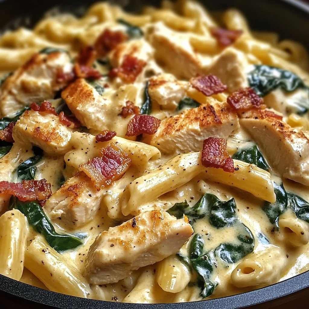 Creamy Chicken Pasta with Spinach, Bacon, and Cheese