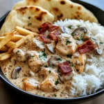 Creamy Chicken & Bacon Stroganoff with Garlic Naan, Rice & Crispy Fries