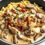 Creamy Slow Cooker Chicken Bacon Stroganoff with Mushrooms & Herbed Noodles