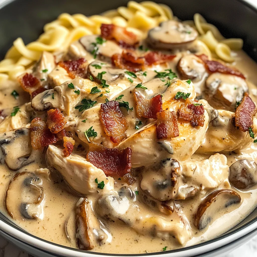 Creamy Slow Cooker Chicken Bacon Stroganoff with Mushrooms & Herbed Noodles