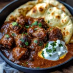 Harissa Beef Meatballs with Yogurt Sauce and Garlic Naan