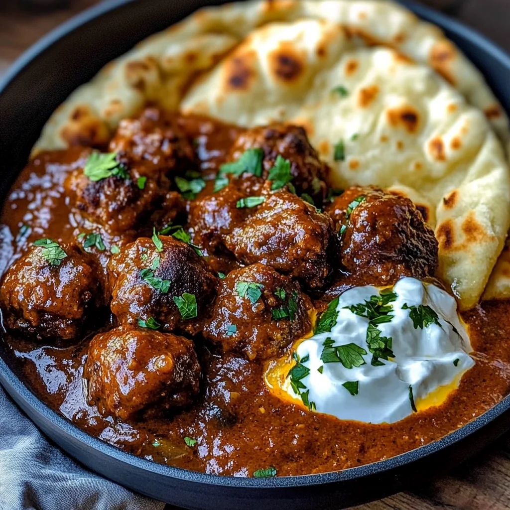Harissa Beef Meatballs with Yogurt Sauce and Garlic Naan