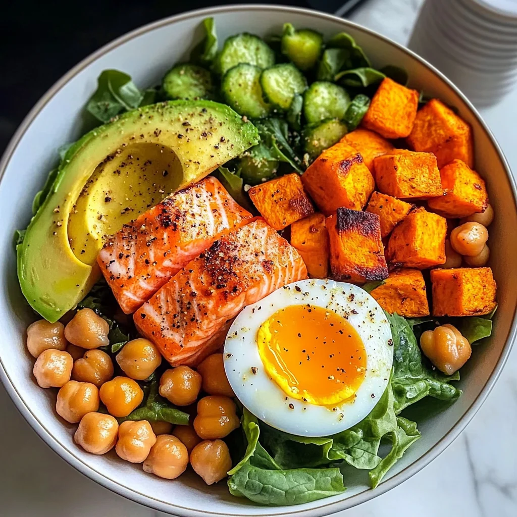 Omega Bowl: Salmon, Jammy Egg & Greens with Chickpeas & Sweet Potato
