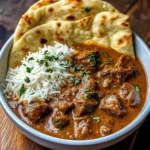 Slow-Cooked Beef Curry in Coconut Gravy with Toasted Garlic Naan