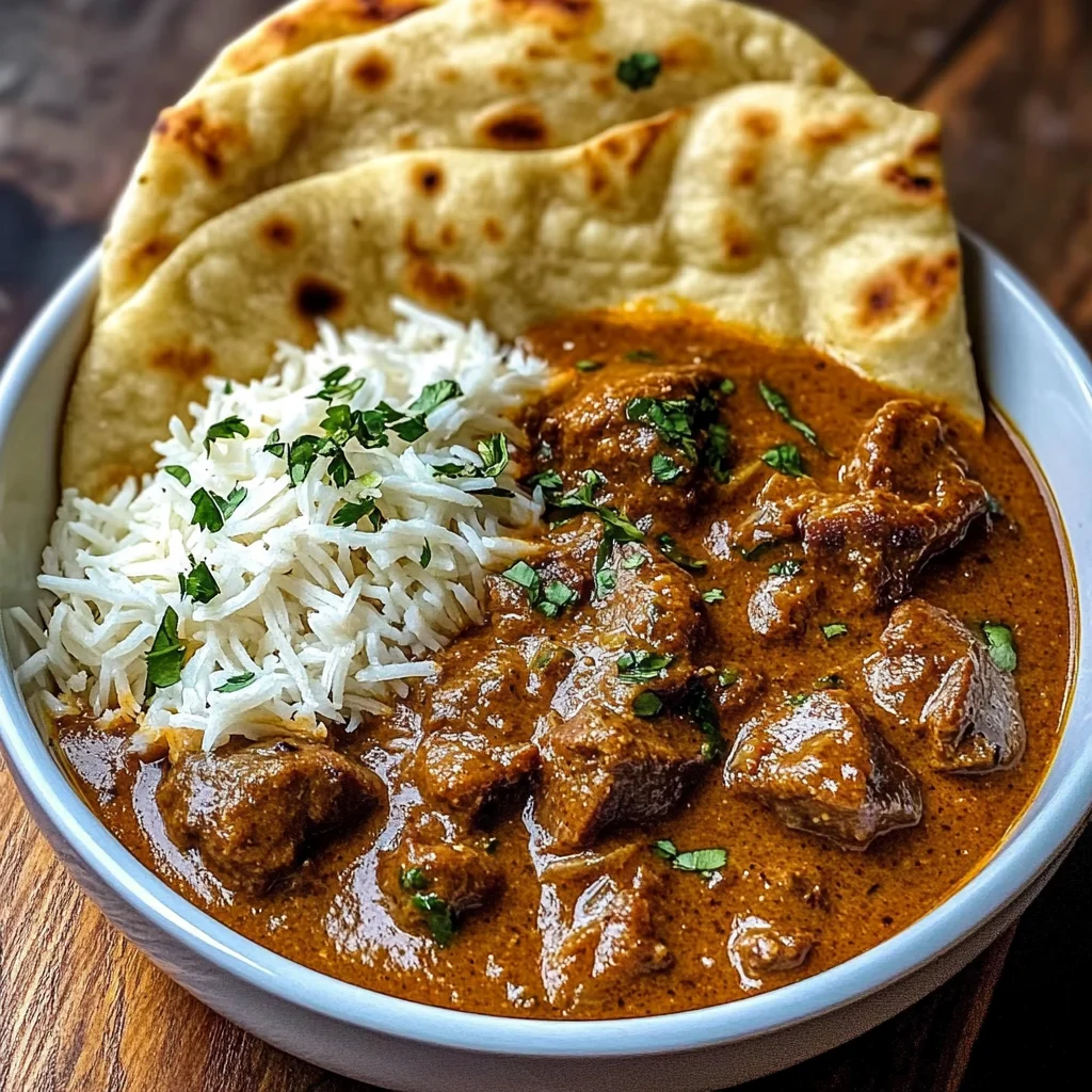 Slow-Cooked Beef Curry in Coconut Gravy with Toasted Garlic Naan