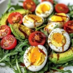 Avocado Arugula Salad with Jammy Eggs & Creamy Balsamic Drizzle