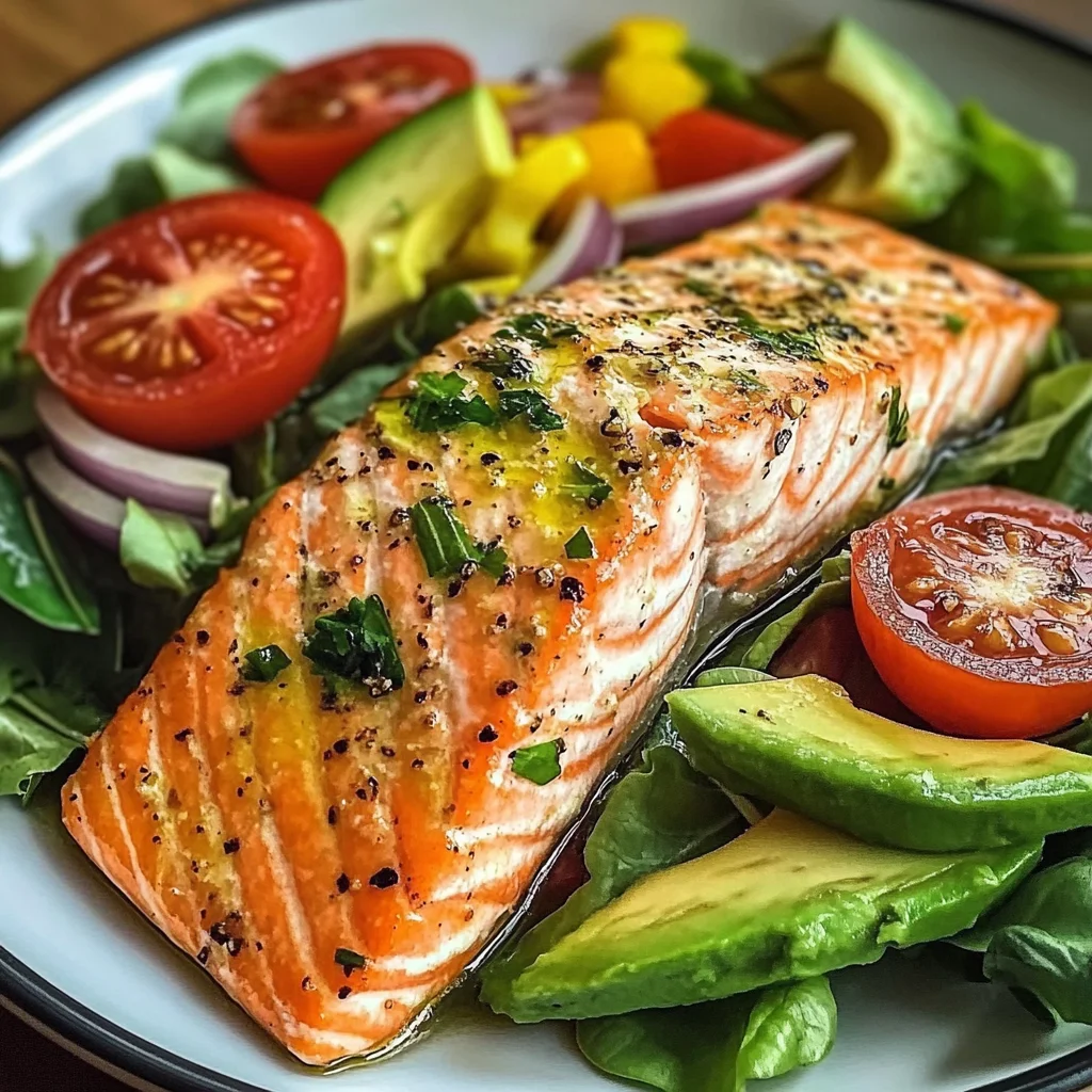 Baked Salmon Fillet with Avocado & Tomato Salad