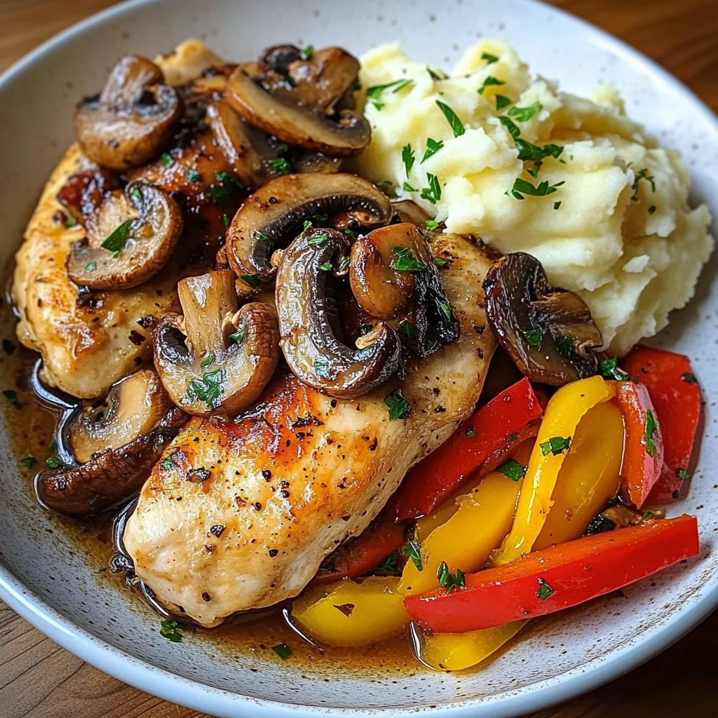 Garlic Butter Chicken with Mushrooms, Peppers & Mashed Potatoes