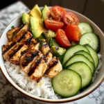 Grilled Chicken Rice Bowl with Avocado, Cucumber & Cherry Tomatoes