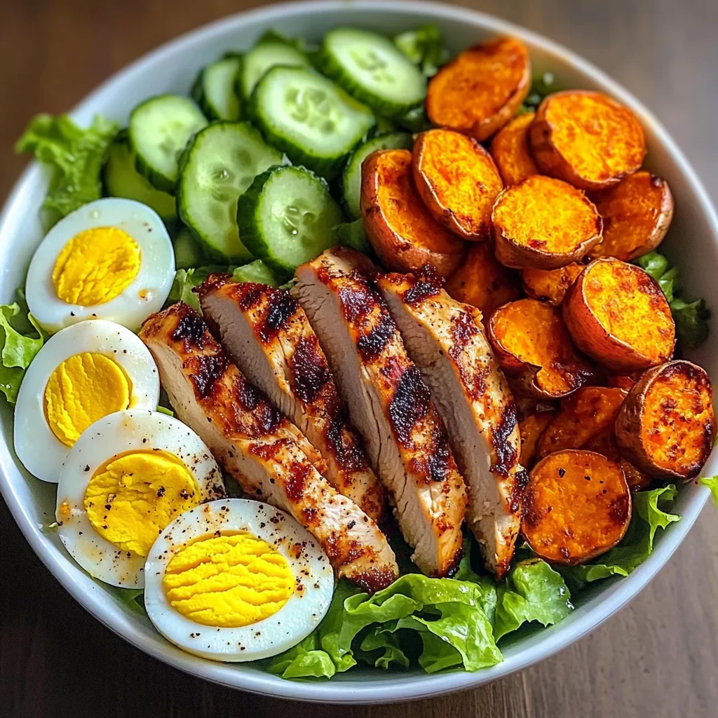 Grilled Chicken Salad Bowl with Sweet Potato Rounds & Eggs