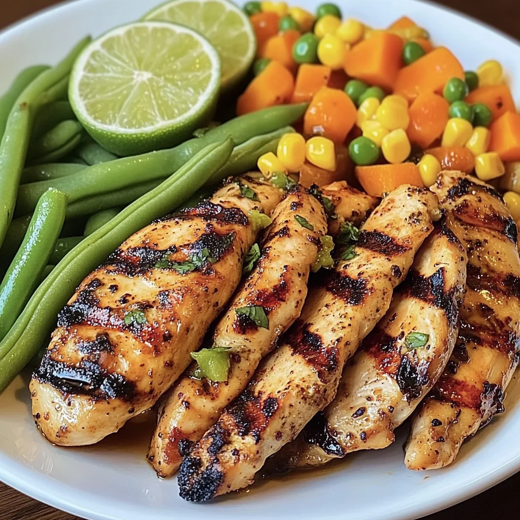 Grilled Chicken Strips with Steamed Mixed Veggies & Lime