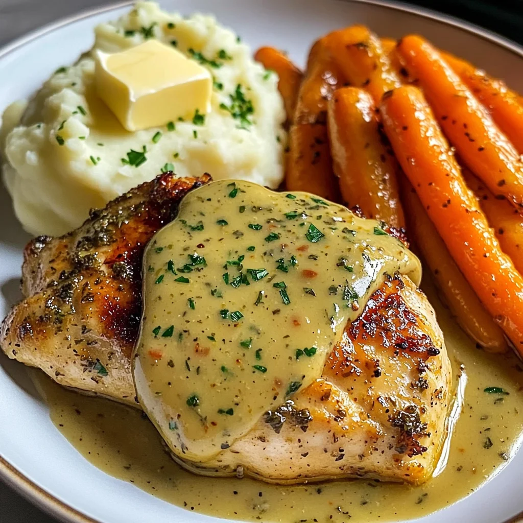 Herb Chicken with Creamy Mustard Sauce, Mashed Potatoes & Glazed Carrots