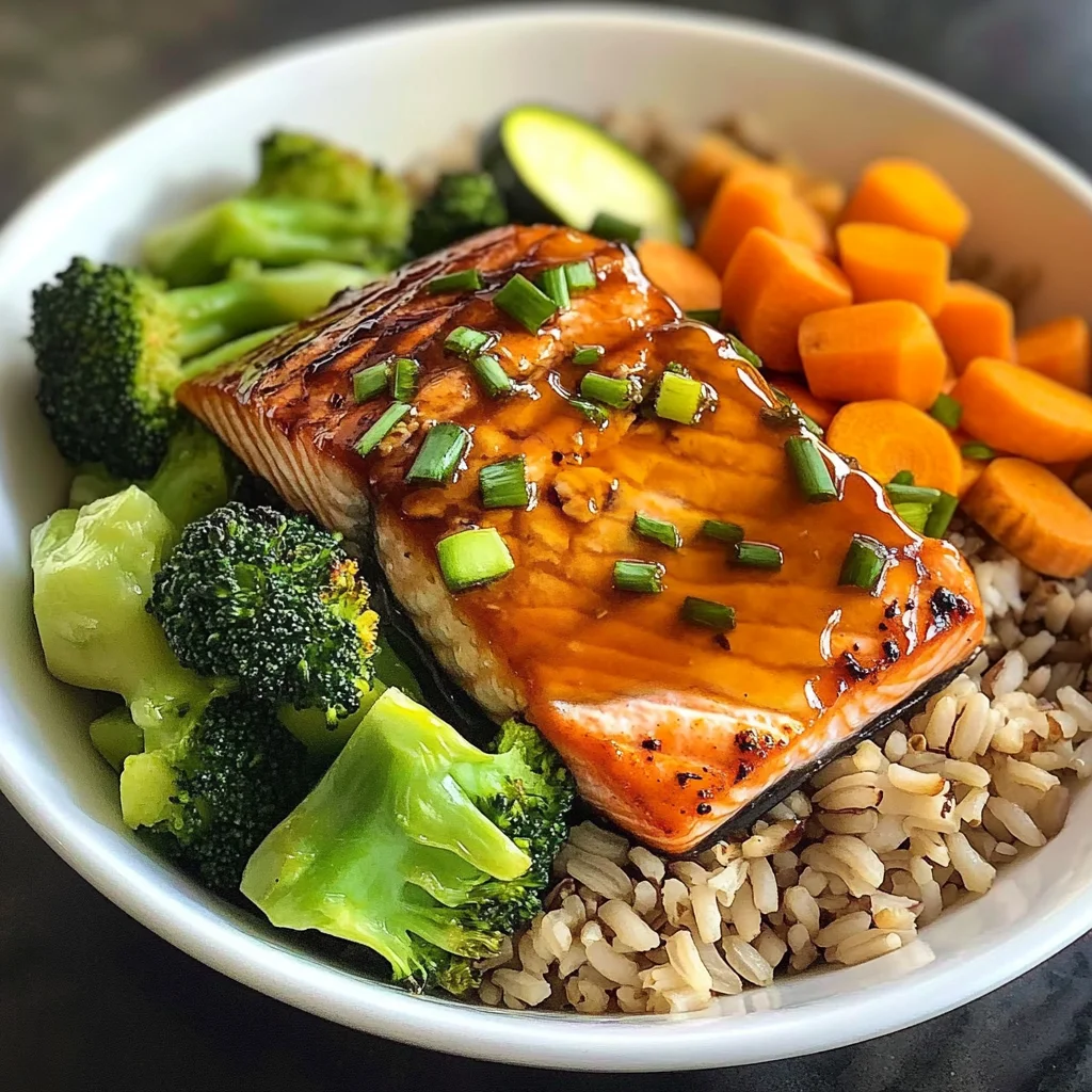 Honey-Glazed Salmon Bowl with Brown Rice & Steamed Veggies
